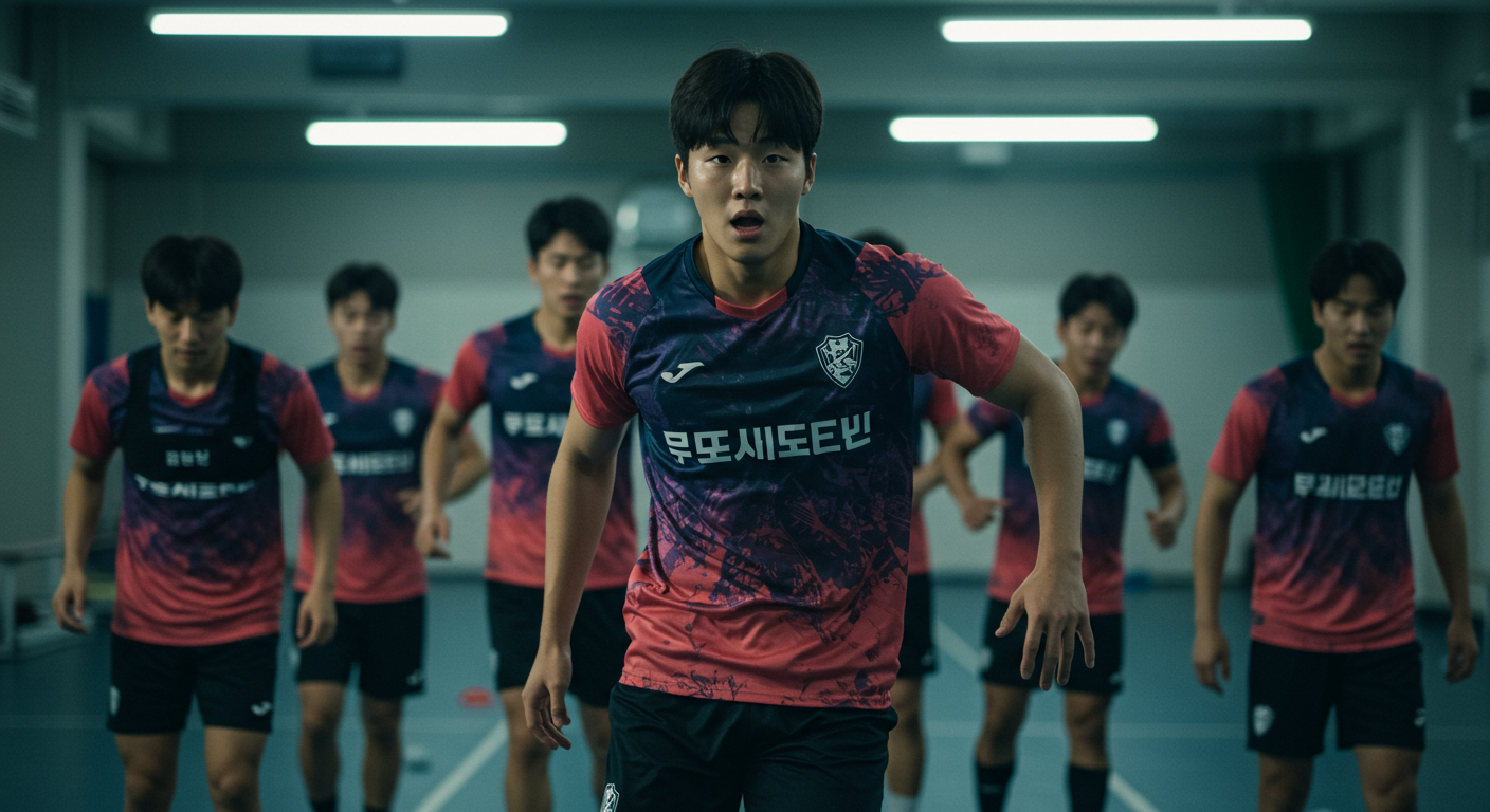 현대적인 한국 운동선수가 팀 동료들과 훈련하는 모습