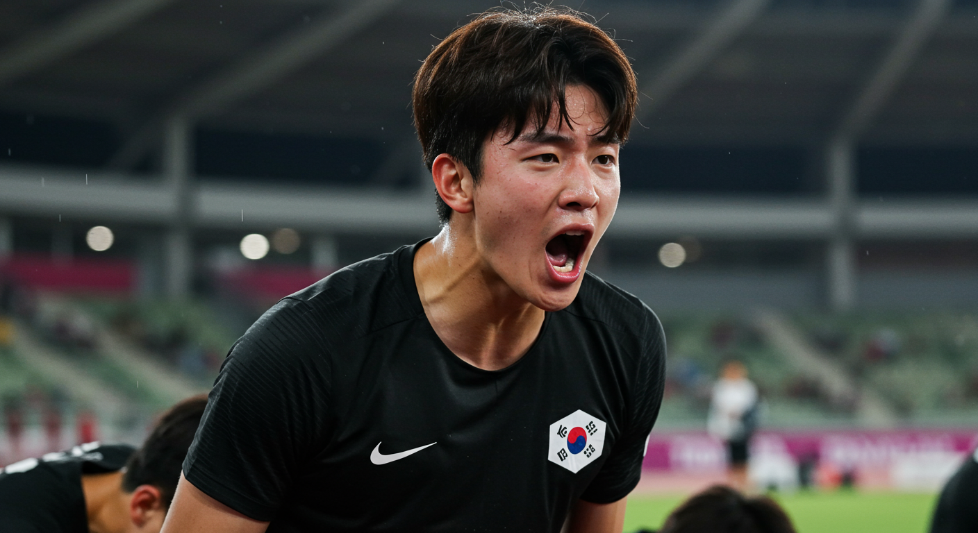 힘든 경기 중 지친 팀원들에게 격려를 외치는 한국 운동선수