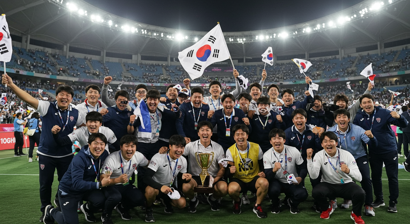 국제 무대에서 승리를 축하하는 한국 스포츠팀