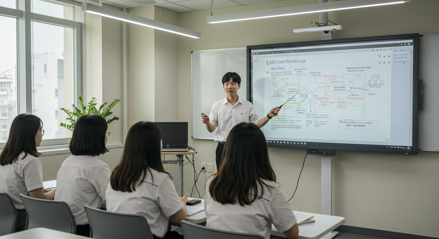 현대적인 교실 환경에서 동료들에게 경력 개발 로드맵을 발표하는 학생