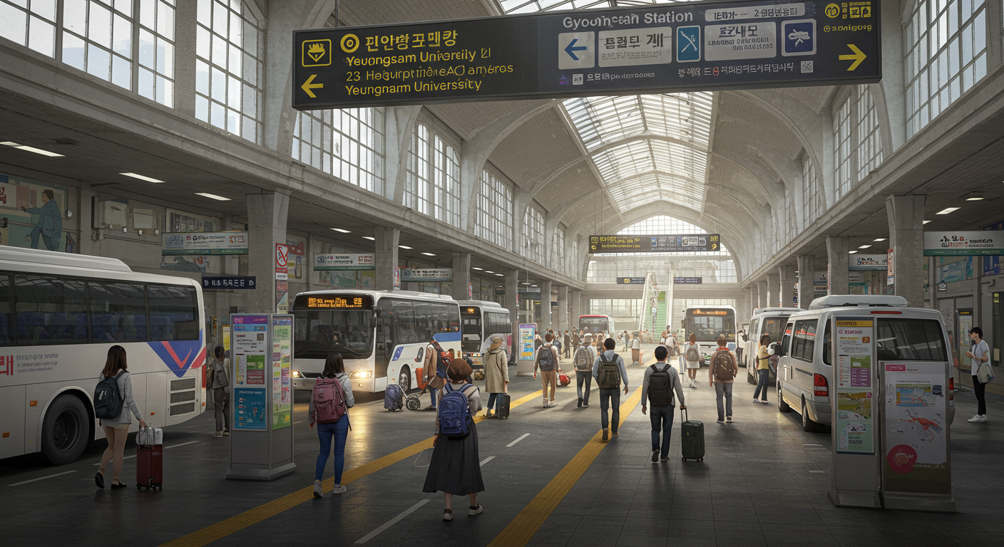버스와 셔틀이 도착하는 분주한 경산역과 영남대학교 방향 표지판