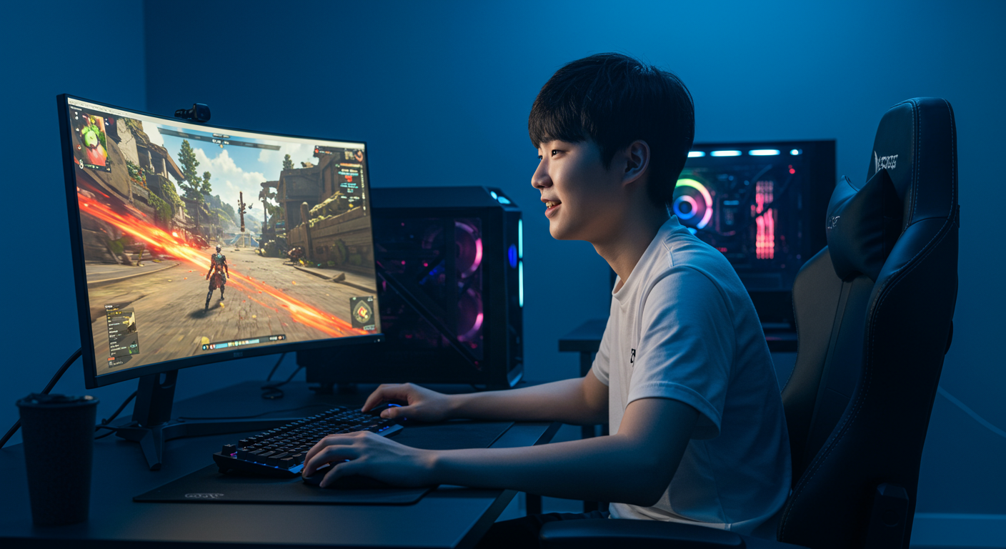 고성능 PC와 주변기기를 갖춘 현대적인 게임 환경에서 즐거운 경험을 하는 젊은 게이머