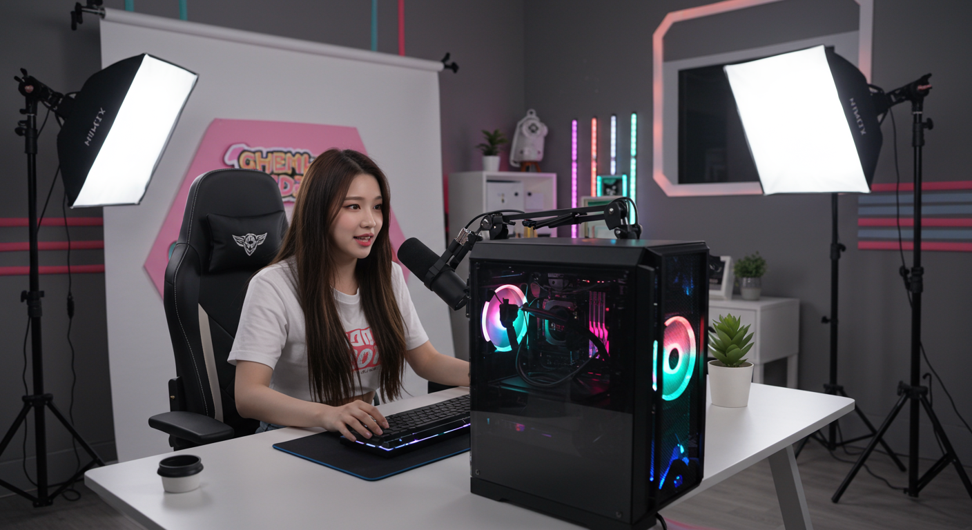 트렌디한 스튜디오 환경에서 맞춤형 시그니처 PC 세트로 스트리밍하는 유명 한국 인플루언서