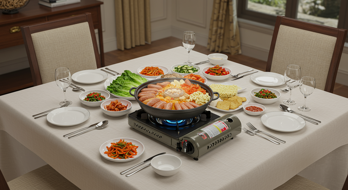 손님 앞에서 부대찌개를 끓일 수 있는 휴대용 버너와 전골냄비가 놓인 우아한 식탁