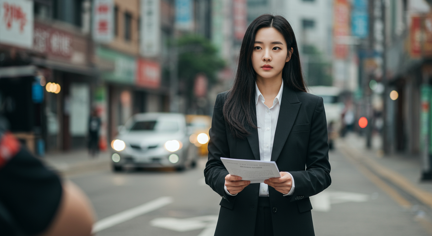 도시 속에서 영화 장면을 준비하는 현대적 배우의 모습