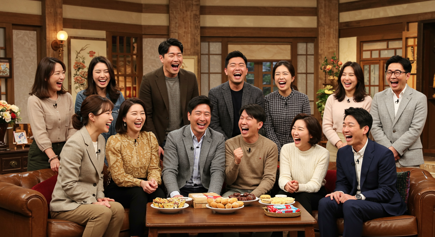 스튜디오에서 이름 관련 재치 있는 농담에 웃고 있는 진행자와 게스트들