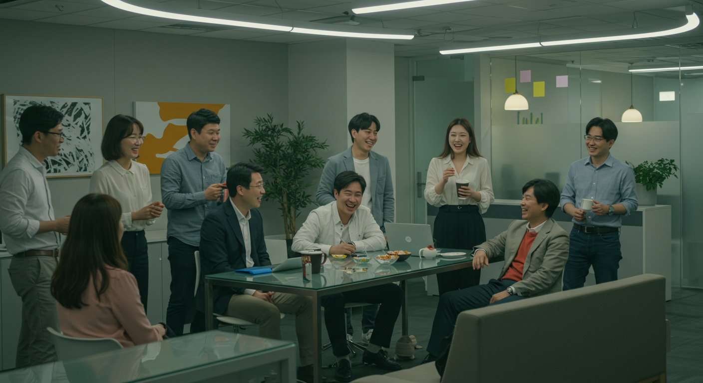 현대적 한국 사무실 환경에서 직원들이 회의 휴식 시간에 가벼운 농담을 나누는 모습