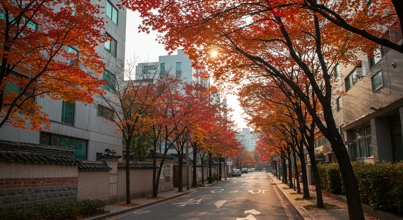 서울 도심 속 붉고 주황빛으로 물든 단풍나무가 줄지어 있는 고요한 거리
