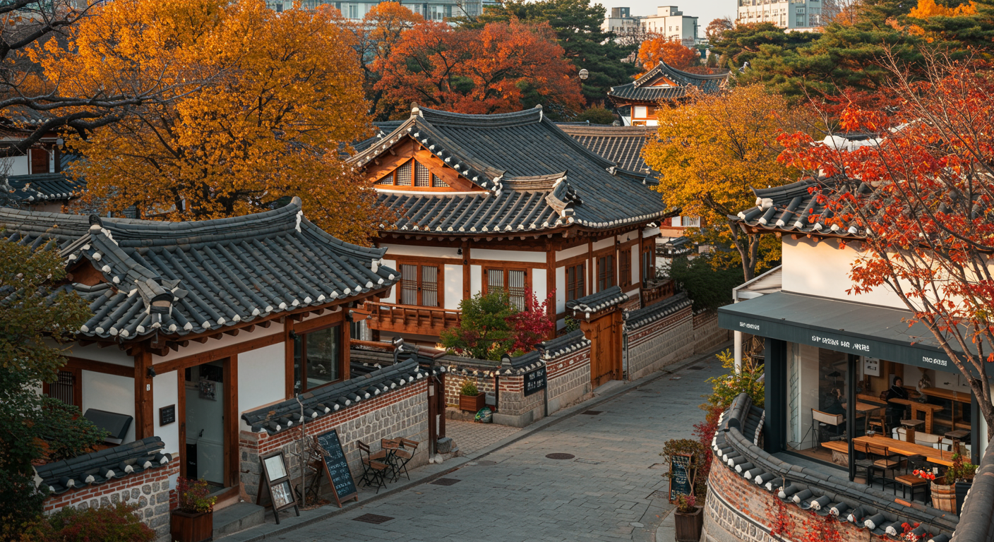 삼청동길에 전통 한옥과 현대적인 갤러리 및 카페가 형형색색의 단풍 사이에 어우러진 모습
