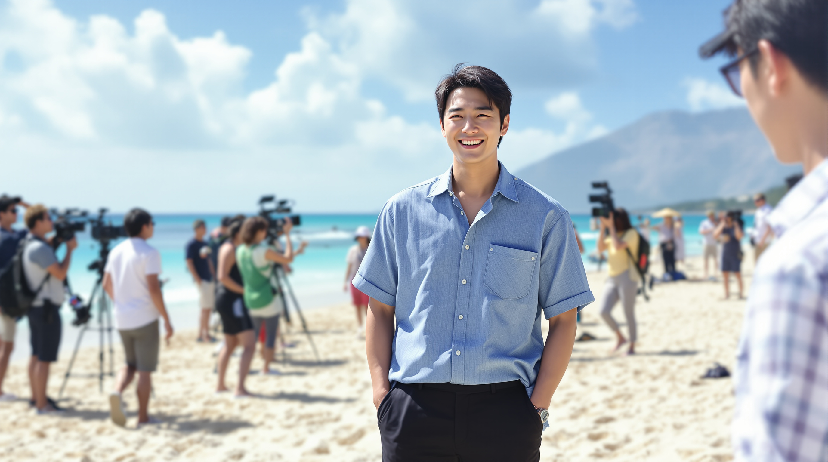 해변 세트장에서 촬영 중인 김동완과 스태프들의 모습