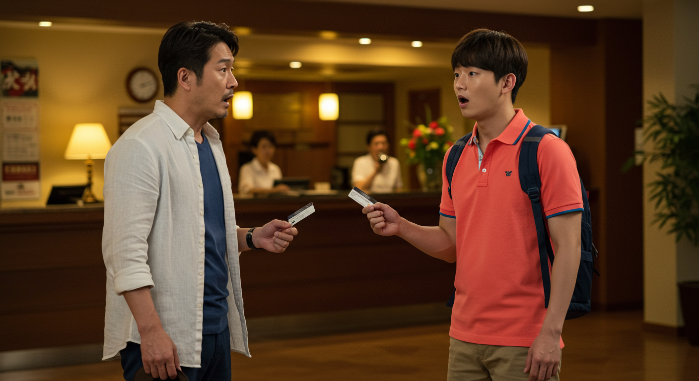 호텔 리셉션에서 우연히 만난 두 주인공의 놀란 모습