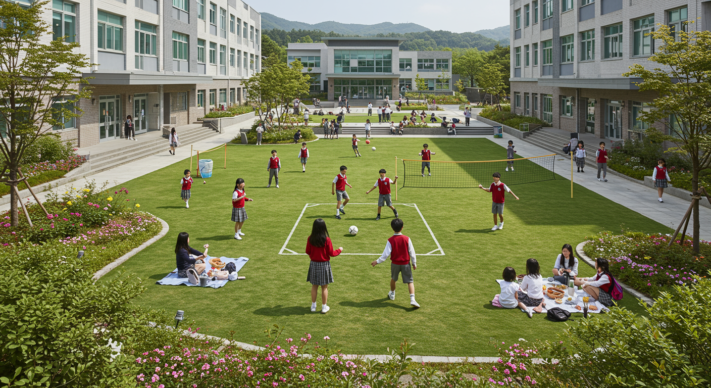 다양한 학생들이 교복을 입고 야외 활동에 참여하는 고급스러운 국제학교 캠퍼스