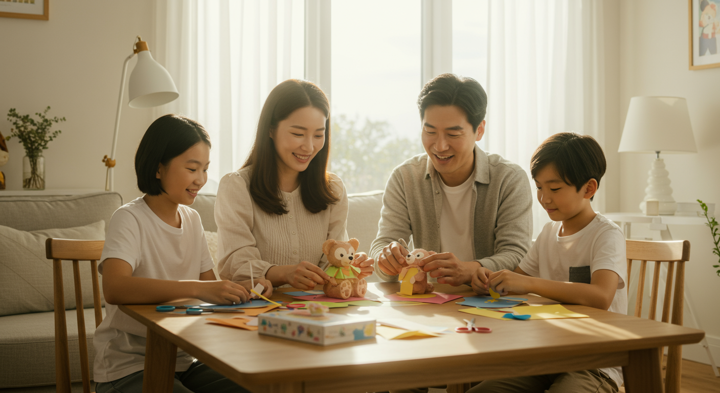 한국 가족이 거실에서 즐겁게 종이공예를 하며 더피 캐릭터 프로젝트에 집중하는 모습