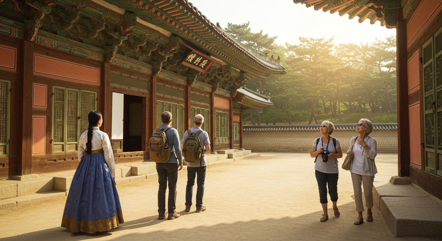 경복궁과 남대문 시장 등 다양한 한국 명소를 탐방하는 사람들