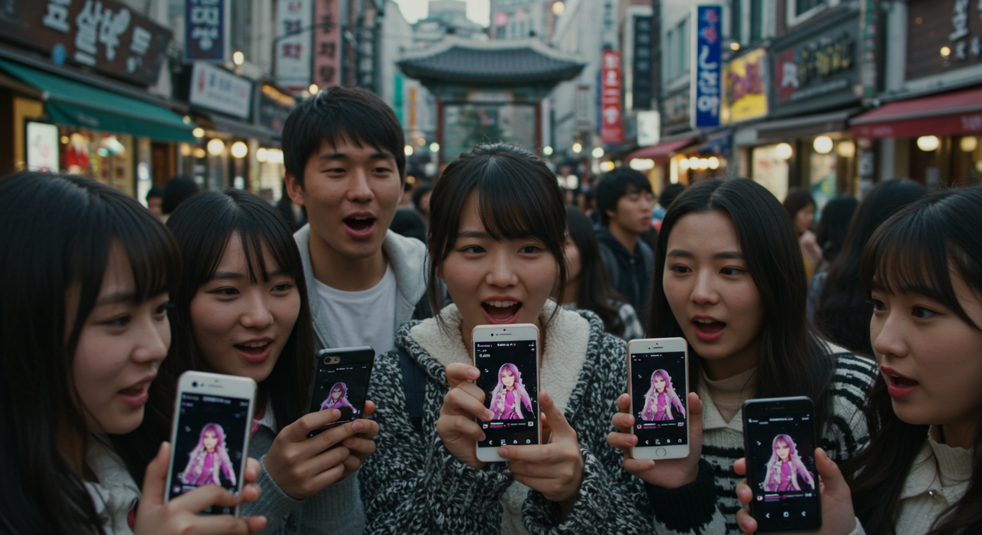 서울 거리에서 스마트폰으로 일본 팝송을 보며 대화하는 청소년들
