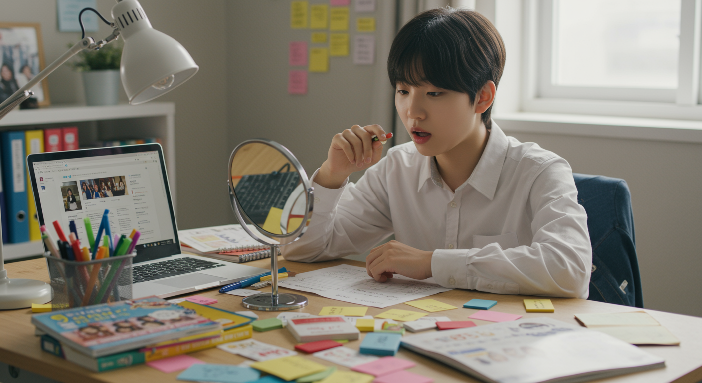 거울 앞에서 노트북과 학습 자료를 활용해 발음을 연습하는 학생