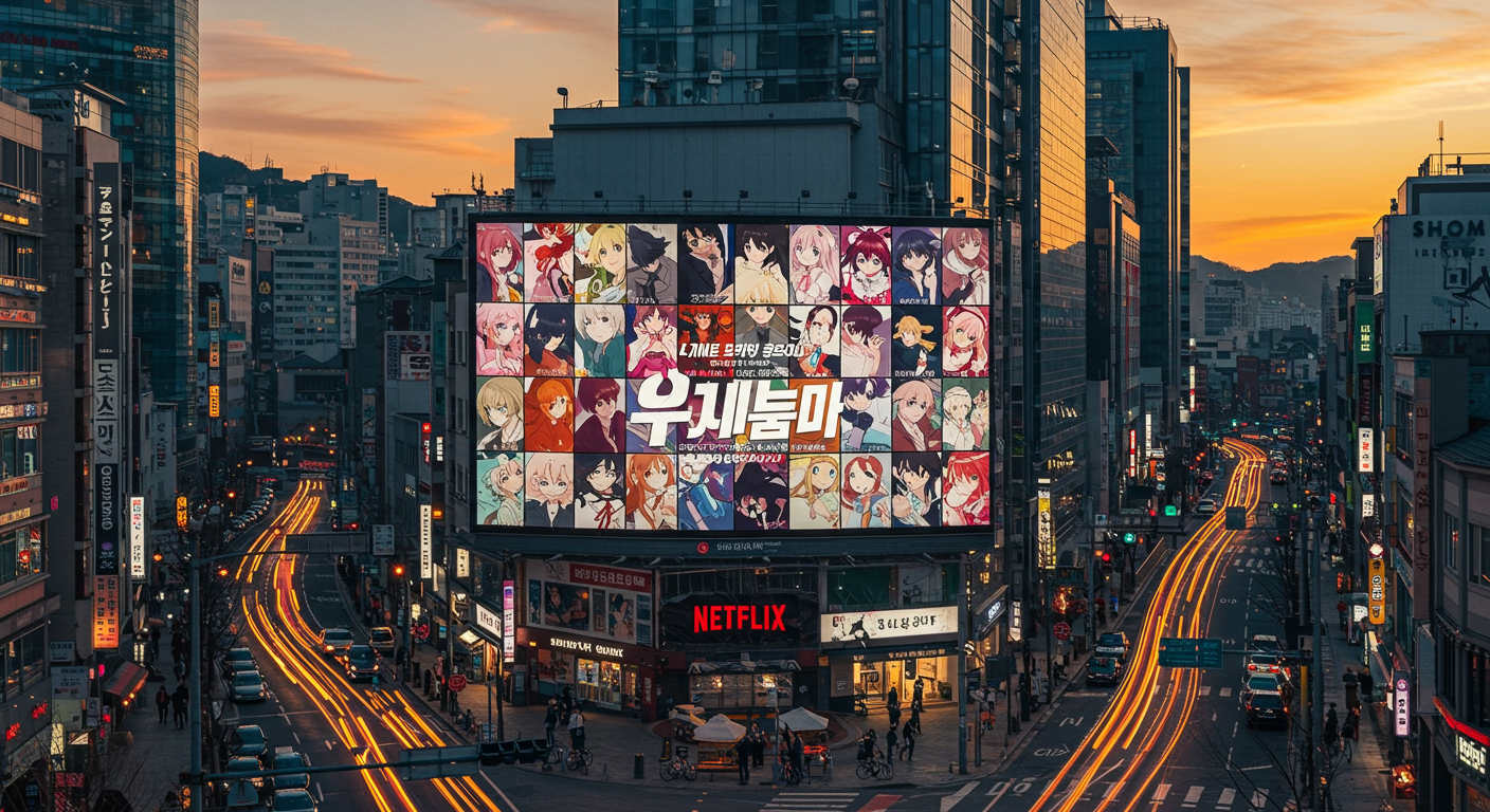 서울 거리에서 디지털 광고판에 표시된 넷플릭스의 확장된 애니메이션 라인업