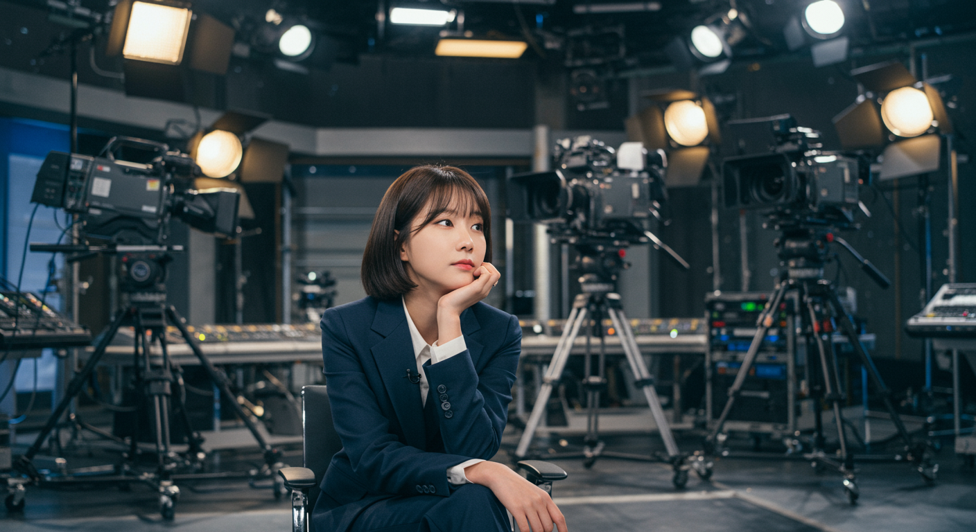 현대적인 스튜디오에서 깊은 생각에 잠긴 여성 방송인의 모습