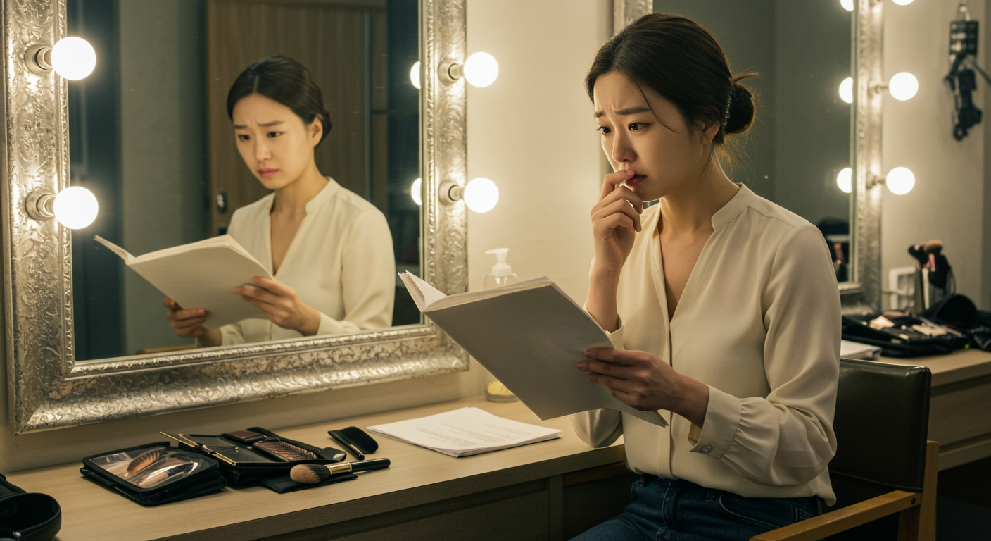 TV 스튜디오 대기실에서 대본을 읽으며 고민하는 여배우의 모습