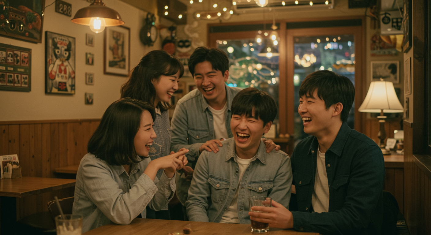 아늑한 카페에서 서로를 응원하며 웃고 있는 친구들의 모습