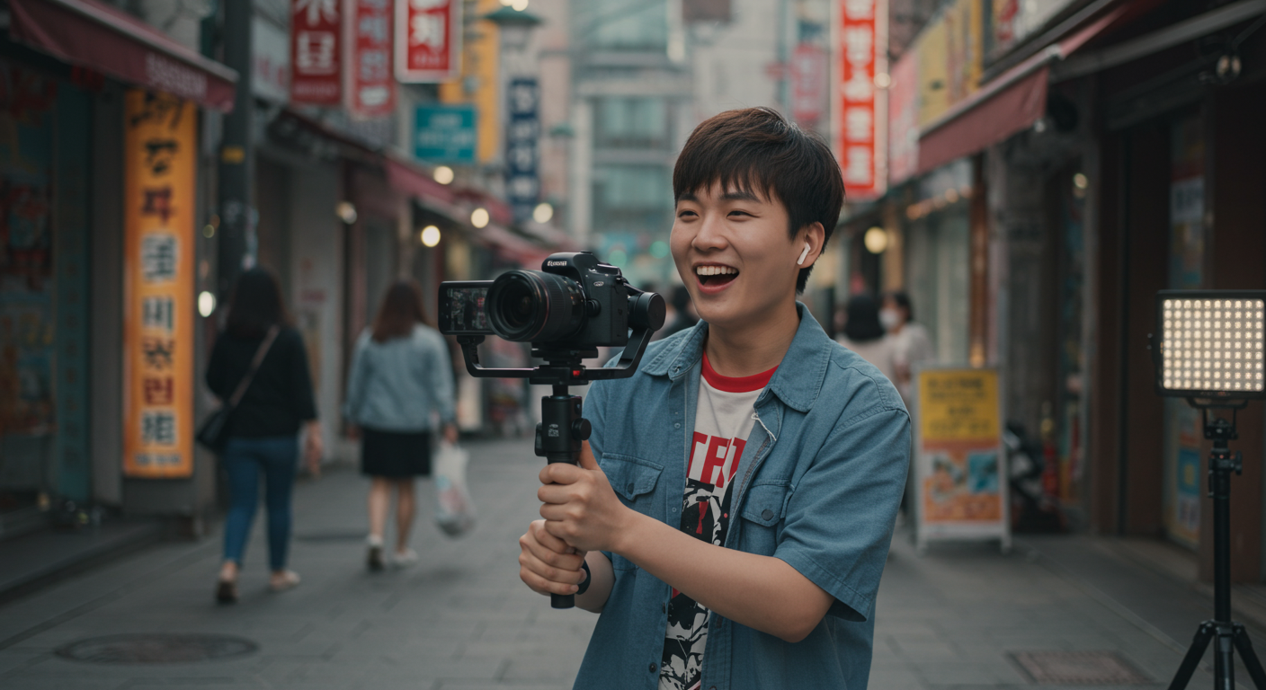 도시 환경에서 열정적으로 유튜브 촬영 중인 콘텐츠 크리에이터의 모습