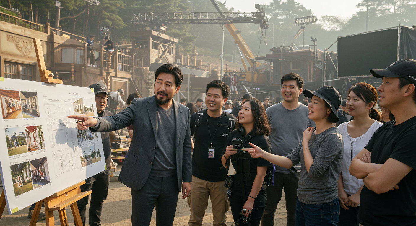대형 제작 세트장에서 감독이 스토리보드와 함께 계획을 논의하는 장면