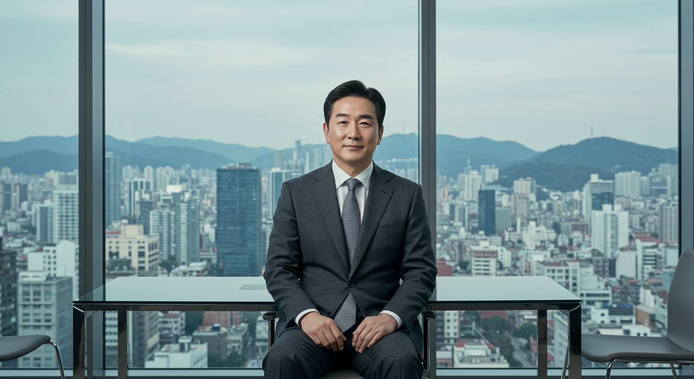 현대적 사무실에서 도시 전망을 배경으로 정장을 입고 있는 사업가