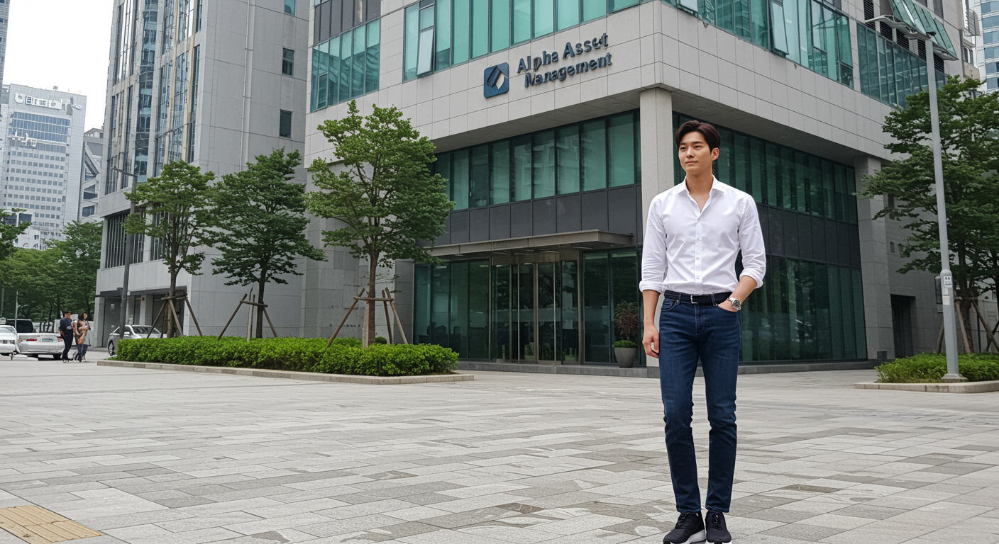 유명 배우를 닮은 잘생긴 남성이 금융 지구의 사무실 건물 앞에 서 있는 모습