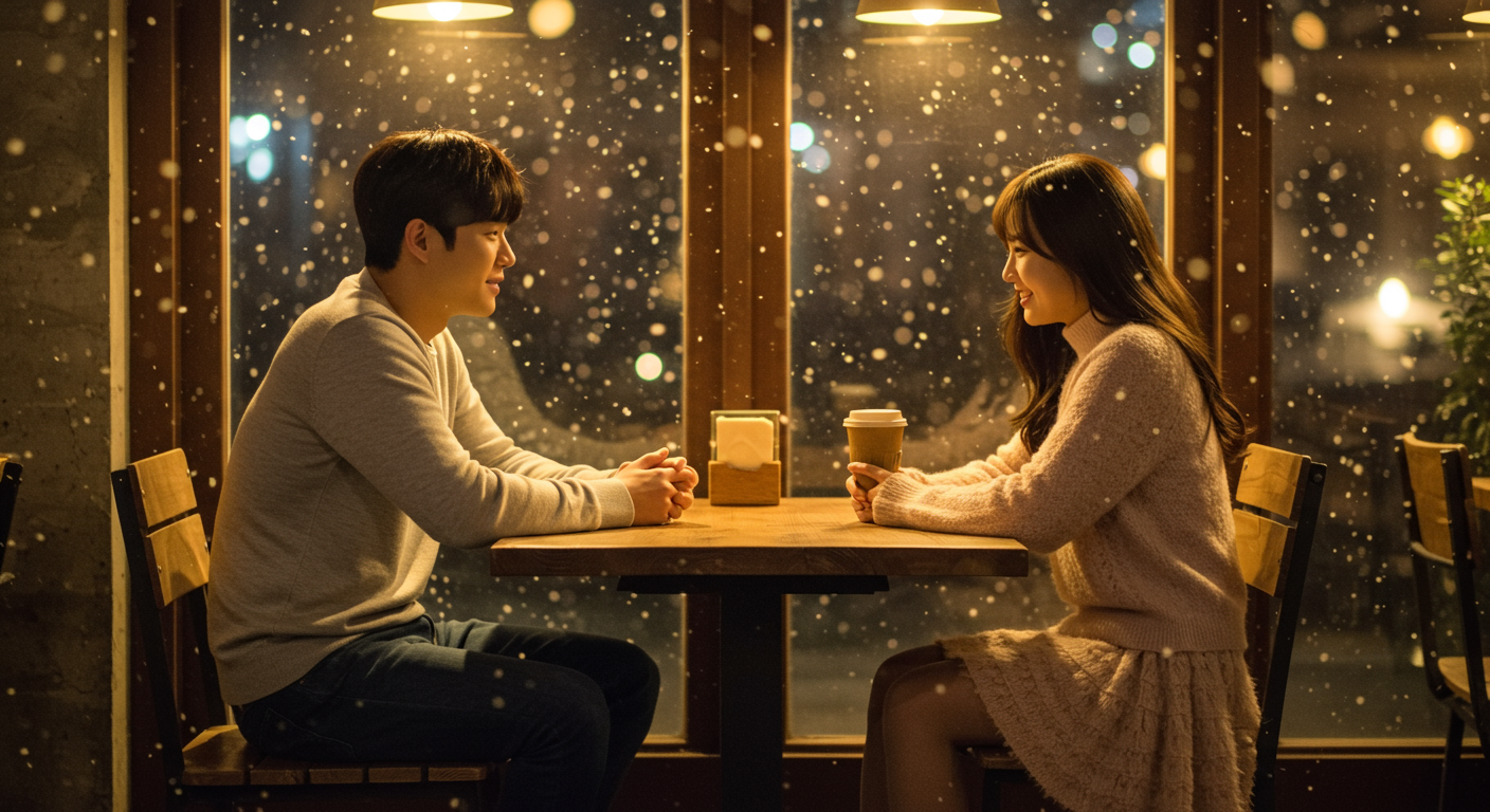 아늑한 카페에서 처음 만난 한국인 커플이 창밖에 보이는 가벼운 눈 내림 속에서 대화하는 모습