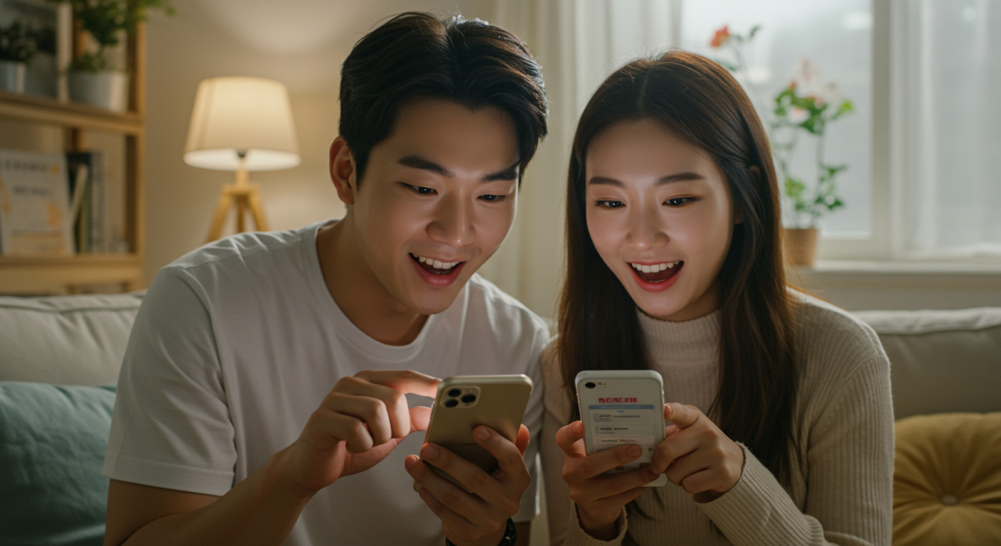 스마트폰으로 앱에 등록하는 젊은 커플의 일상적인 모습