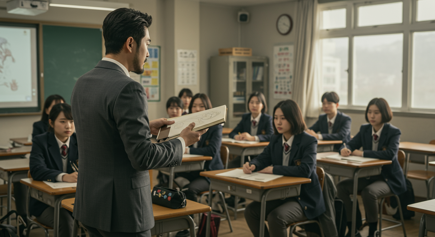 교실에서 학생들과 스케치북으로 소통하는 남성 교사의 모습