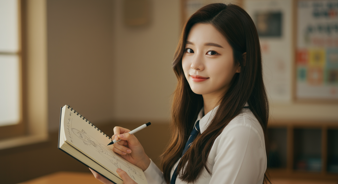 겉모습은 연약해 보이나 내면의 강인함을 드러내는 교사의 모습