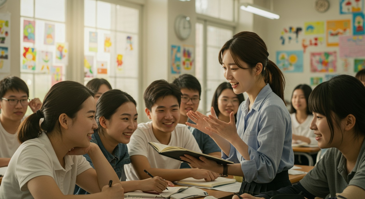 학생들과 따뜻하게 스케치북으로 소통하는 장면