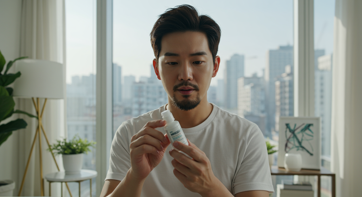 현대적 아파트에서 미녹시딜 용액을 살펴보는 남성의 모습