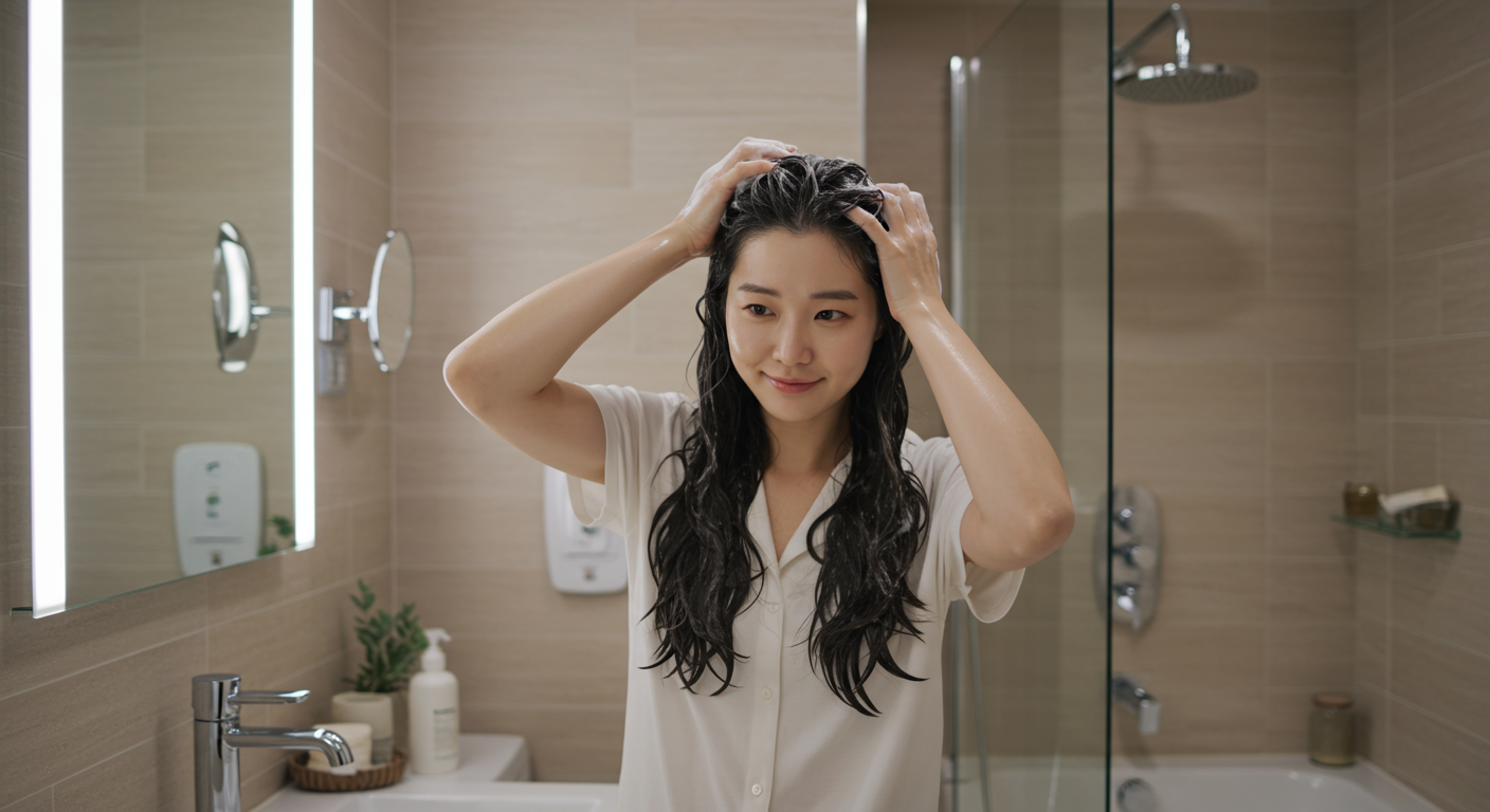 현대적인 욕실에서 순한 샴푸로 머리를 감고 있는 여성의 모습