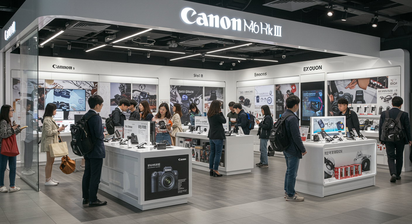 최신 캐논 EOS R6 Mark III 카메라가 진열된 전자제품 매장에서 고객들이 관심을 보이는 장면