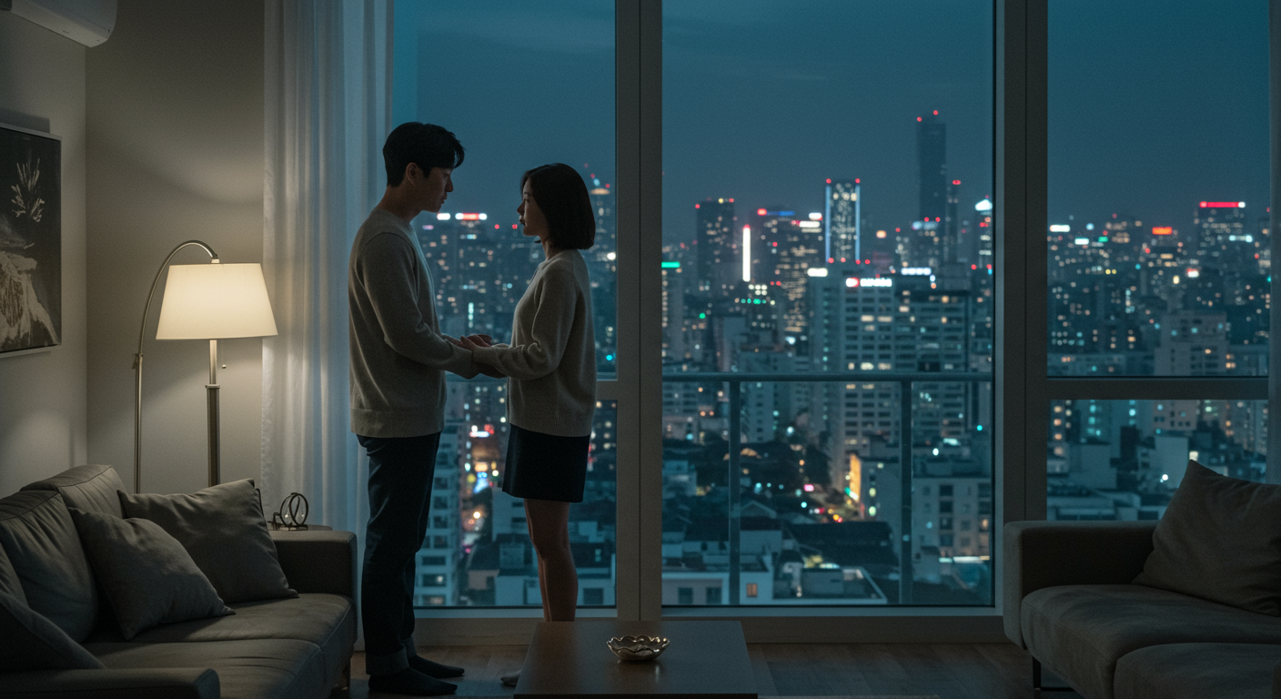 도시 아파트에서 긴장된 대화를 나누는 커플