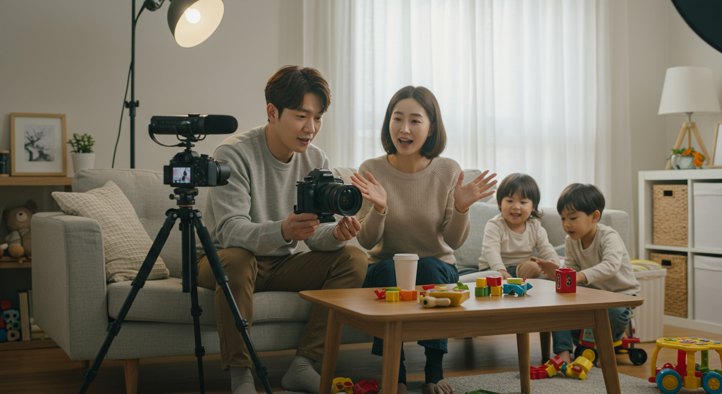 집에서 아이들과 함께 브이로그를 촬영하는 커플의 모습
