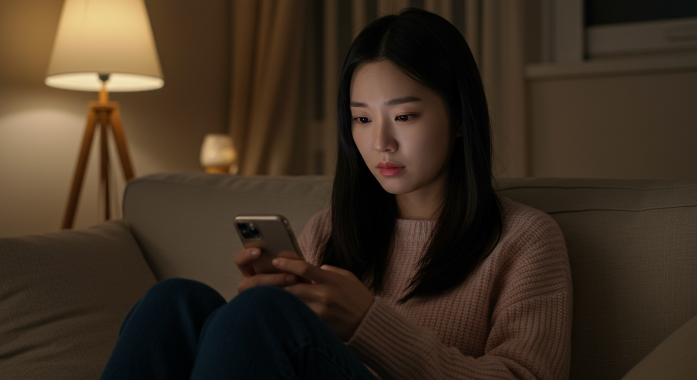 거실에서 스마트폰으로 댓글을 읽고 있는 여성의 걱정스러운 표정