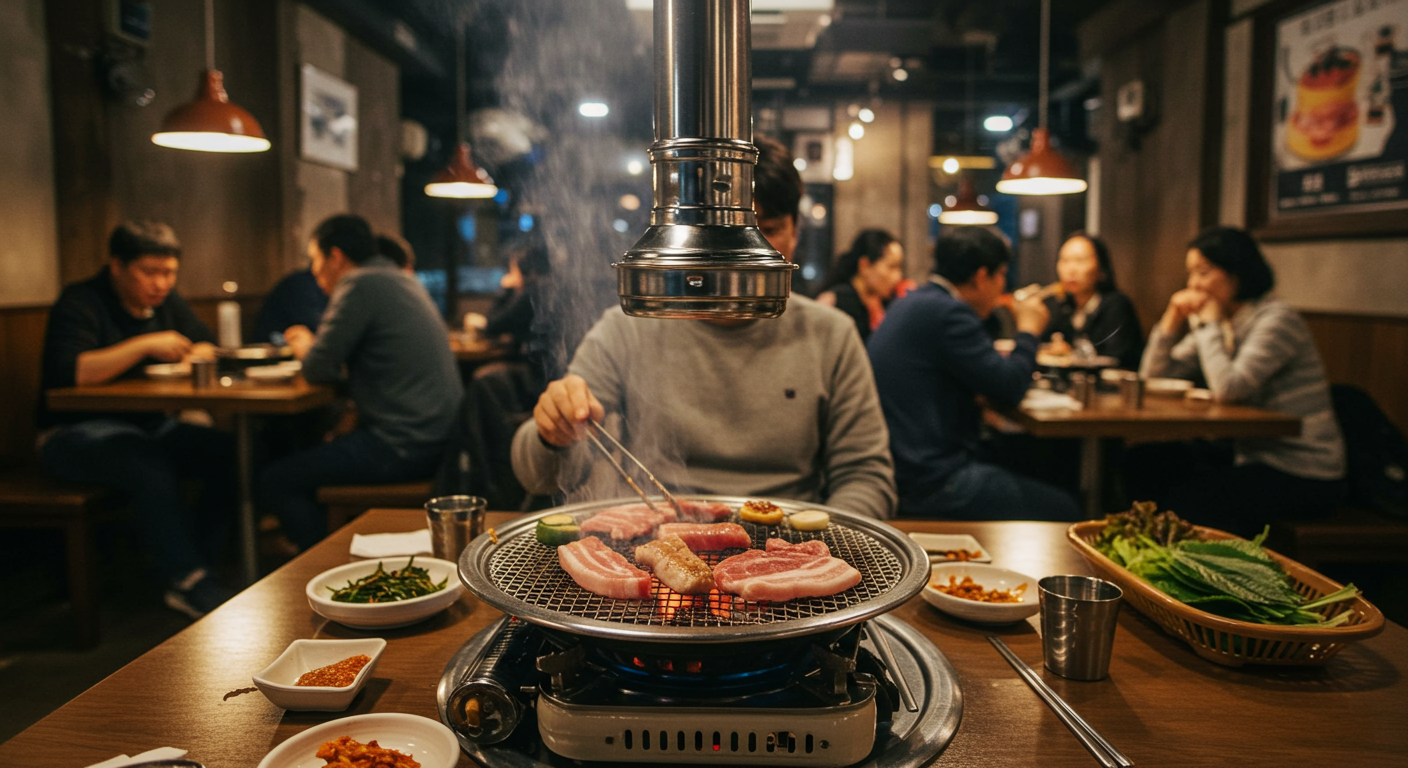 고척동에 위치한 아늑한 분위기의 현대적인 한국식 바베큐 식당에서 신선한 돼지고기를 굽는 모습