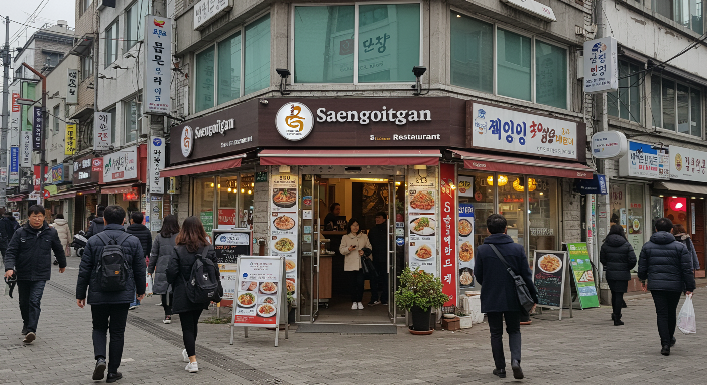지하철역 근처 고척동 거리에서 생고깃간 입구가 보이는 모습