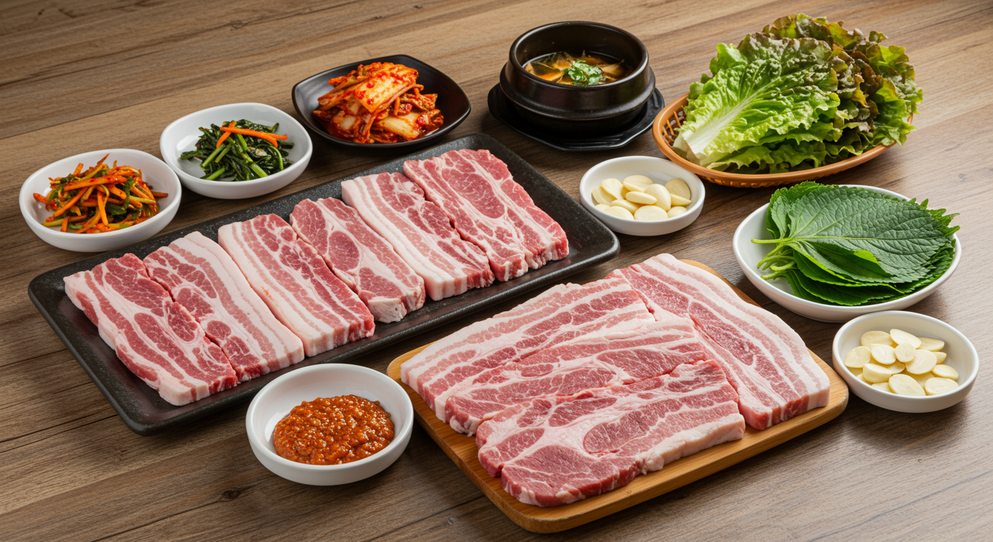삼겹살과 목살 등 다양한 돼지고기 부위와 김치 및 쌈 채소들이 가지런히 놓인 테이블