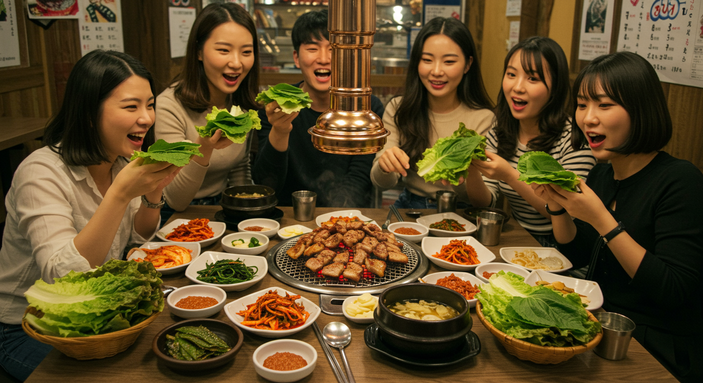 활기찬 식당 테이블에서 상추쌈과 함께 돼지고기를 즐기는 손님들