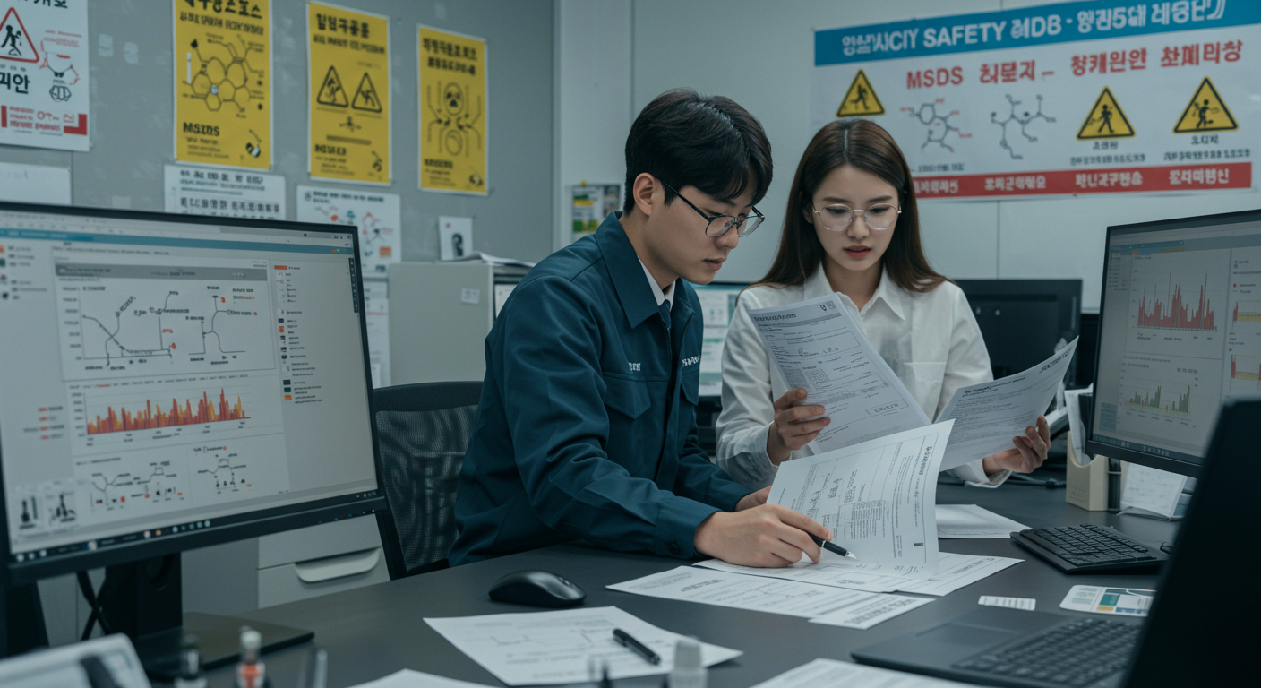 MSDS 문서를 검토하는 직장인들이 책상 위에 앉아 있는 모습