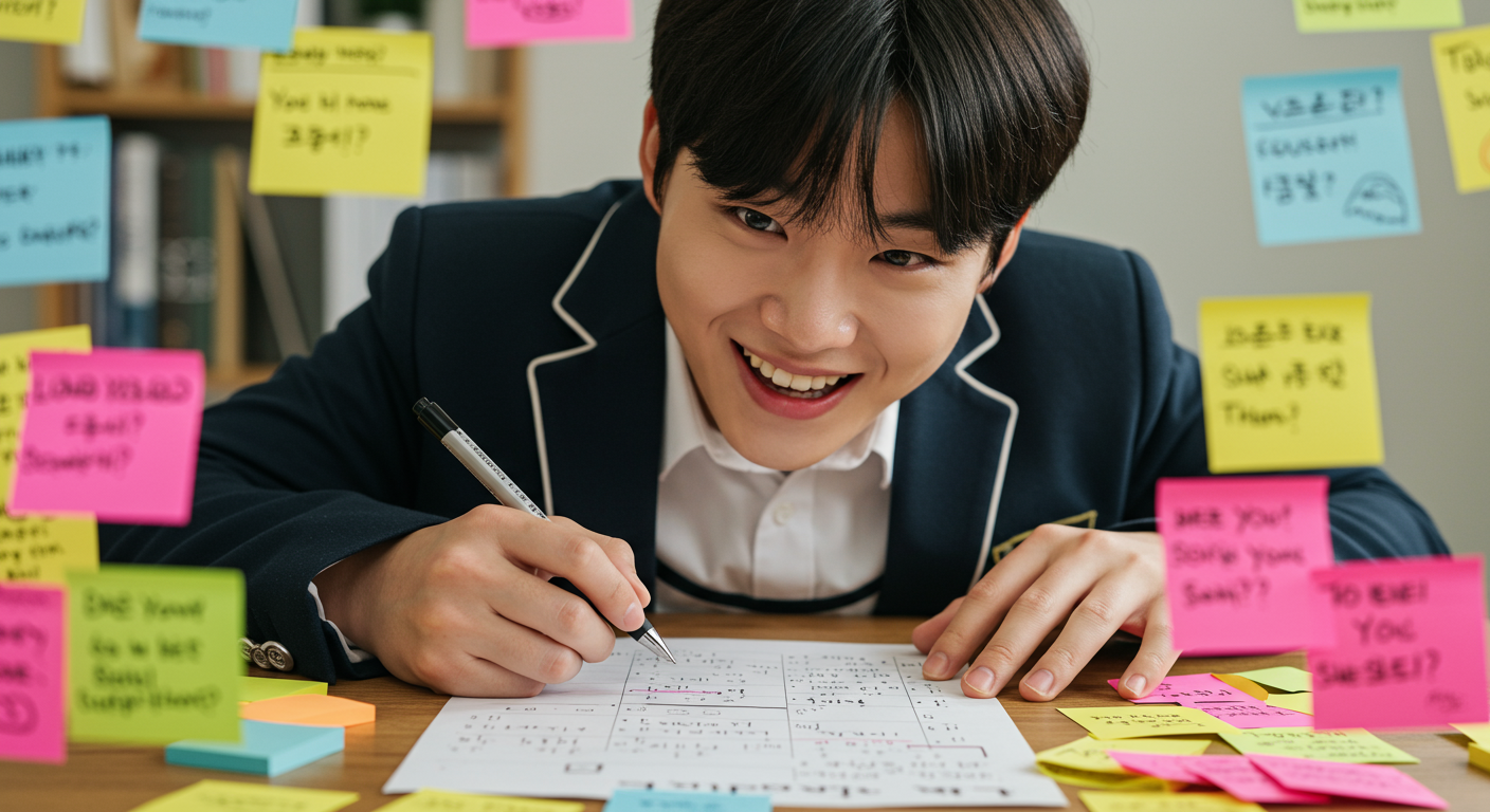 한국 학생이 말장난 퍼즐을 풀며 재미있어하는 모습