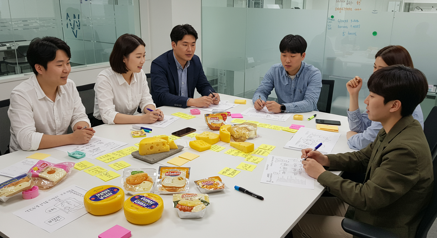 회의실에서 새로운 치킨 맛을 위한 아이디어를 내는 직장인들