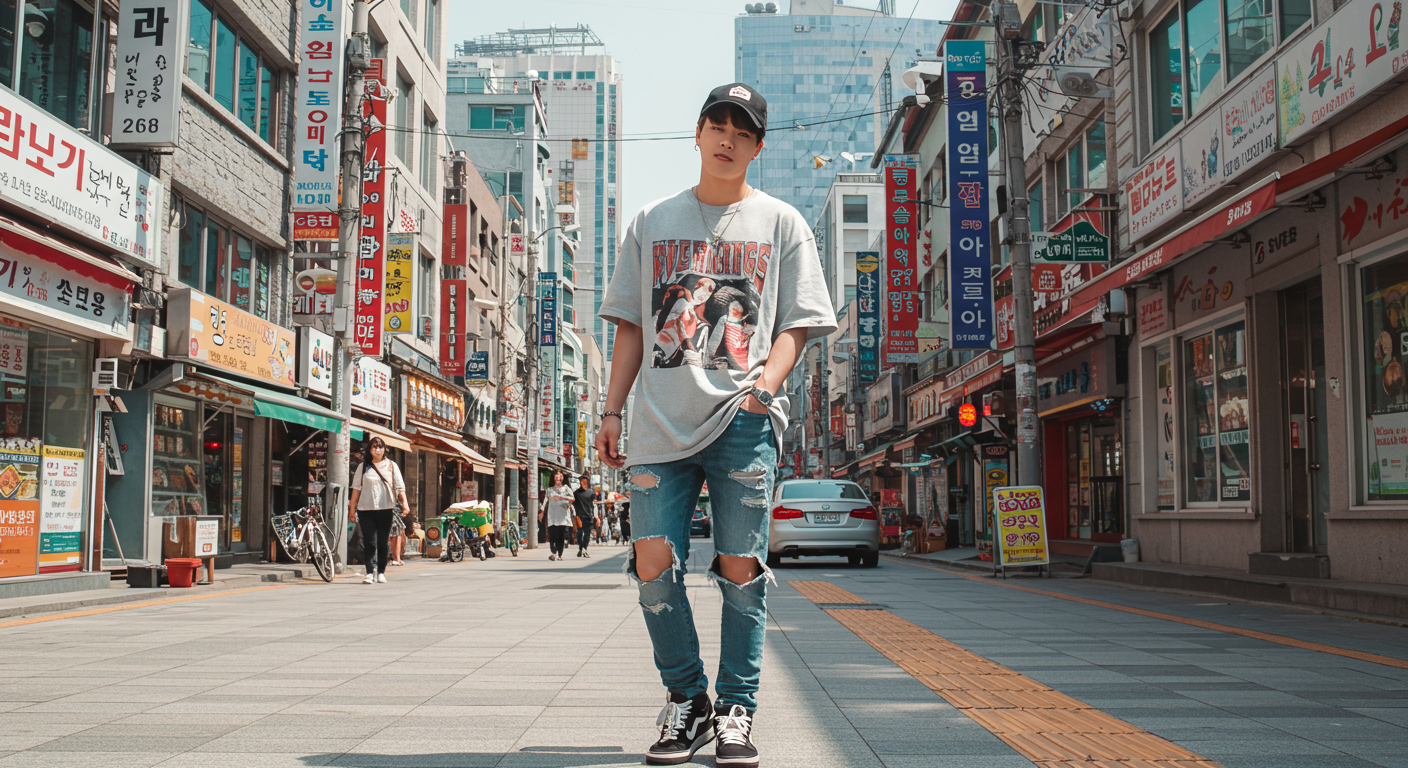 젊은 싱어송라이터 겸 댄서가 서울 거리에서 자신감 있게 서 있는 모습