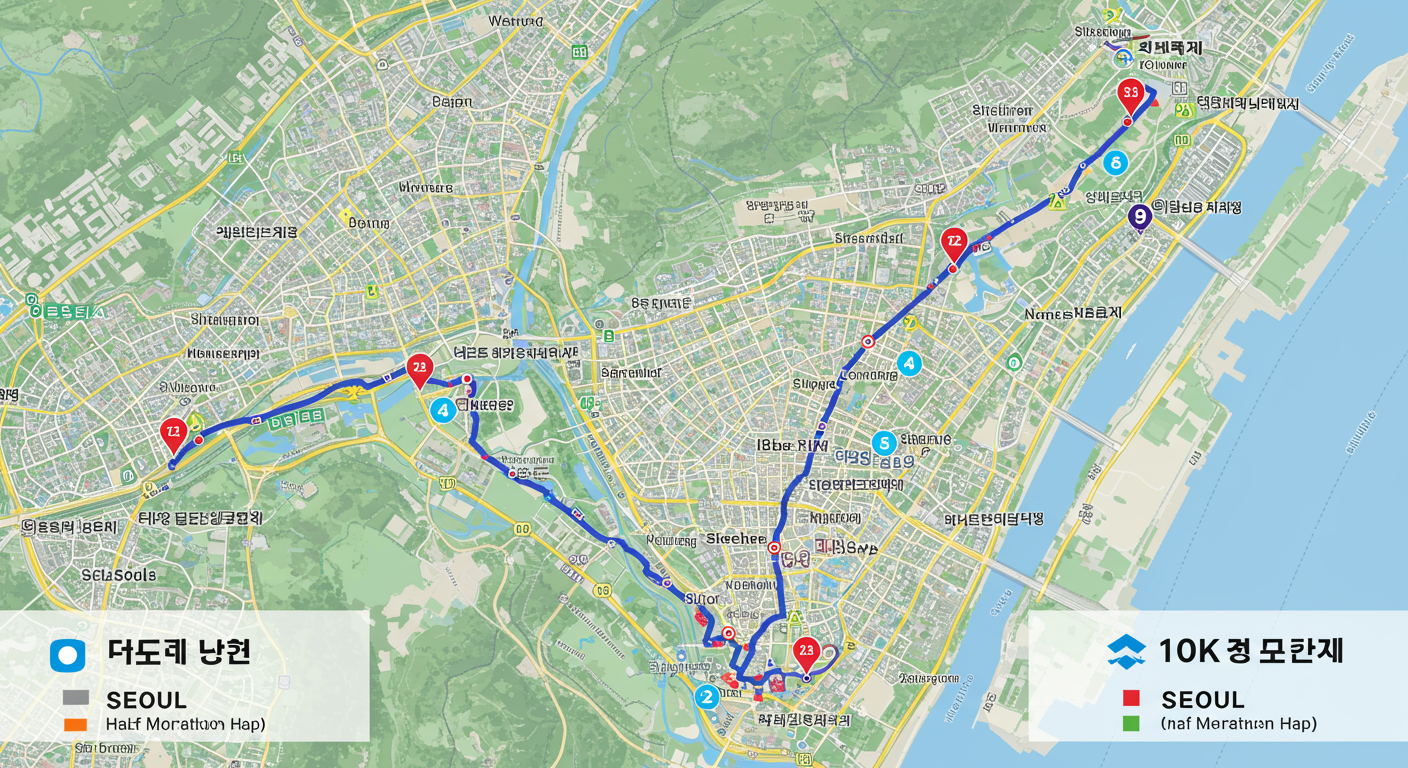 서울 지도 위에 하프 마라톤과 10km 경로가 표시된 모습