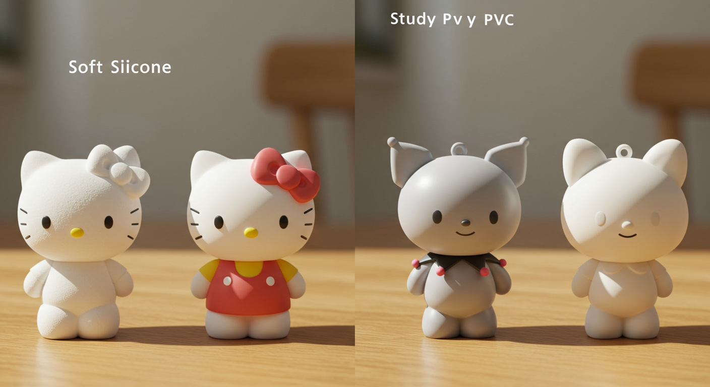 나무 테이블 위에 놓인 실리콘과 PVC 소재의 산리오 피규어 비교