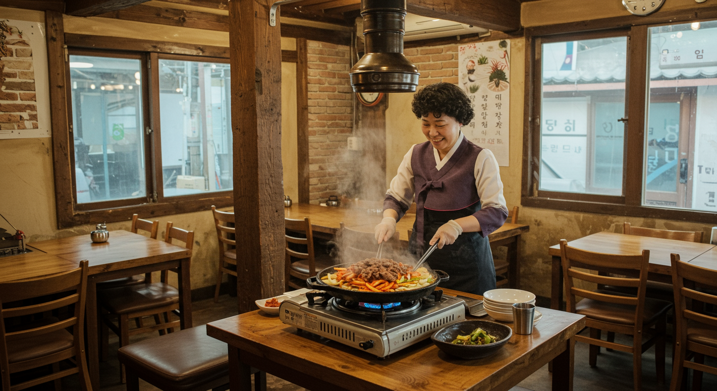 충남 아산에 위치한 정통 로컬 식당으로 목재 테이블과 따뜻한 분위기